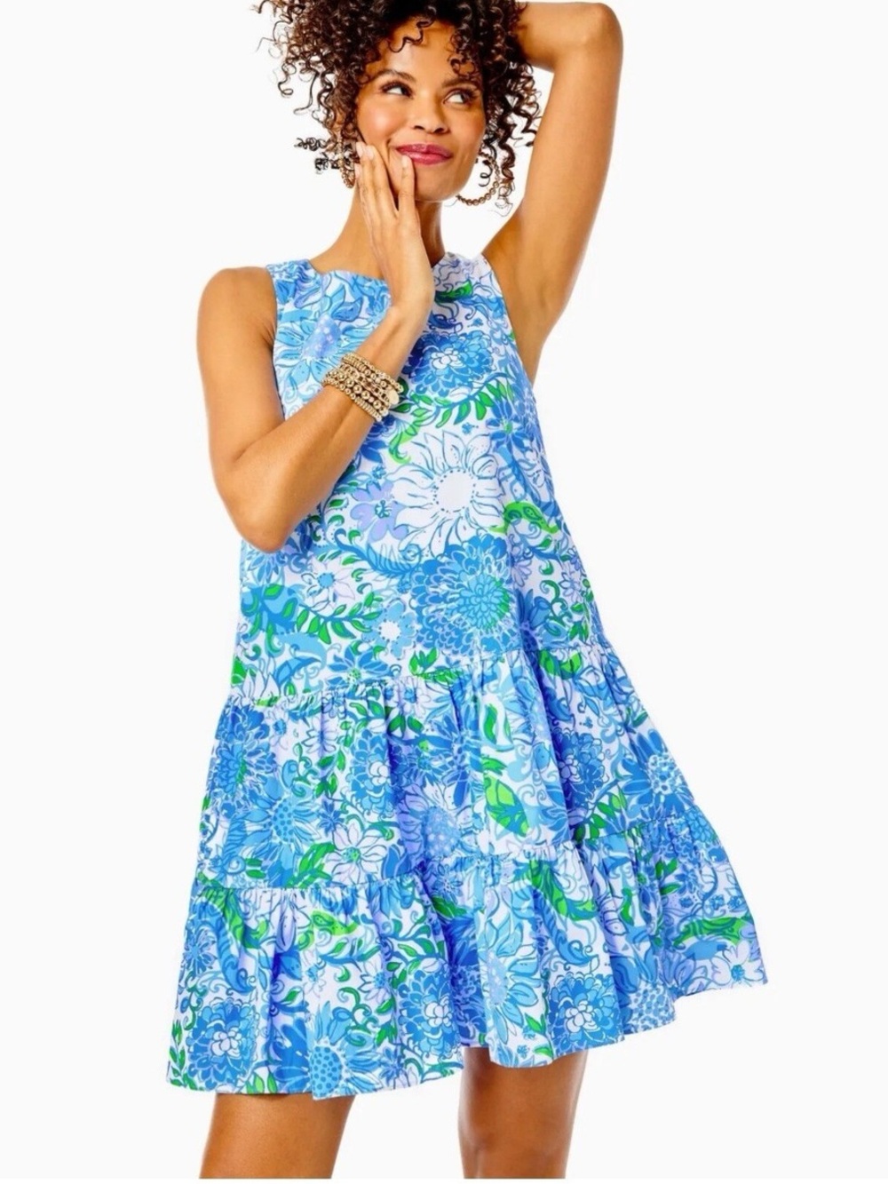Lilly Pulitzer Trina Poplin Swing Dress XL Blue Green Floral Tiered 100% Cotton